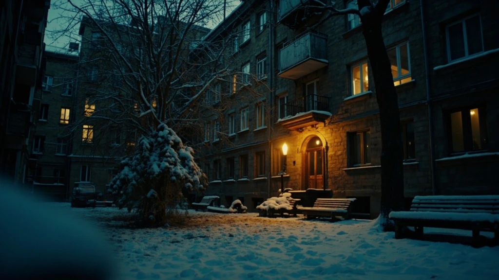 Moscow courtyard at dusk under a single street lamp