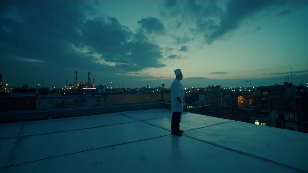 Chef silhouette on a Saint Petersburg rooftop at twilight